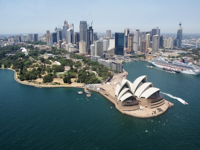 Vue de l'opéra de Sydney depuis les airs et paysage urbain