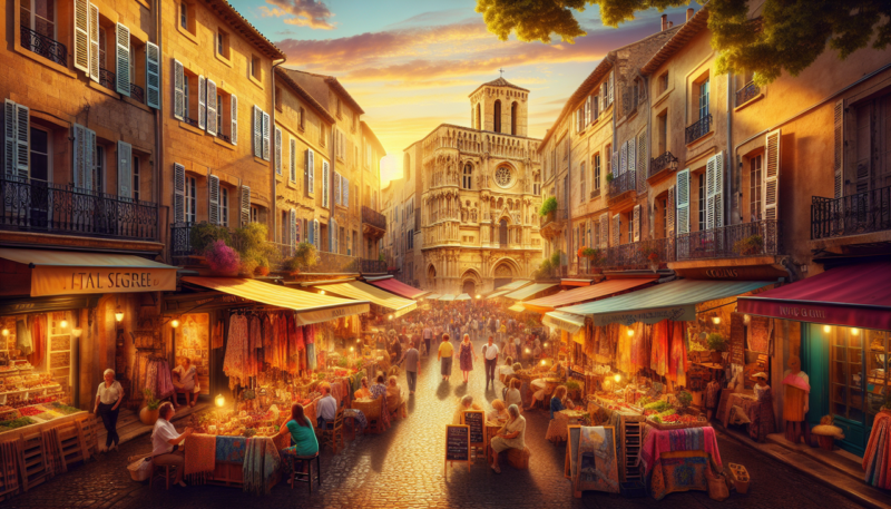 Ville en A - Marché animé à Avignon au coucher du soleil.