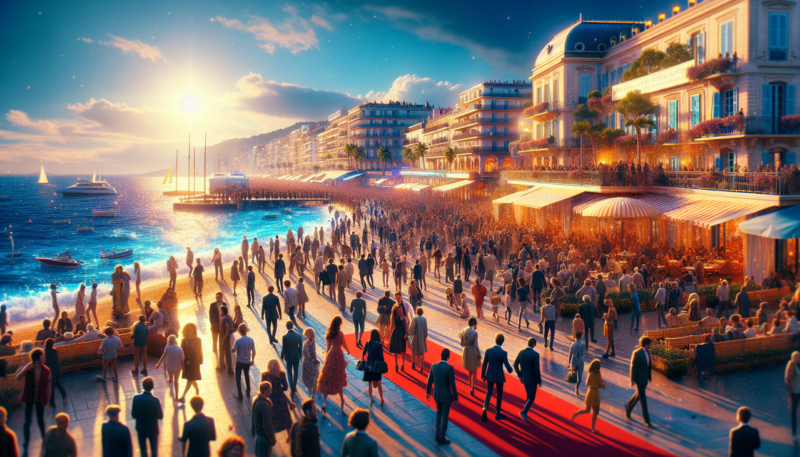Ville en C : Scène animée de Cannes pendant le festival du film, avec des personnes marchant le long de la promenade de la Croisette, la Méditerranée en arrière-plan, le tapis rouge menant au Palais des Festivals et des Congrès.