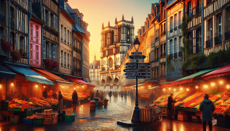 Ville en D avec maisons à colombages, Notre Dame de Dijon en arrière-plan, rues pavées mouillées.