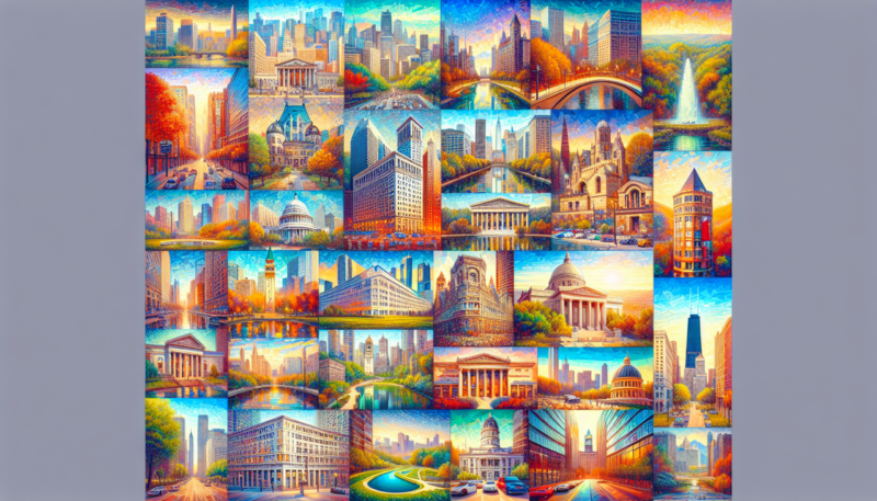 Montage photo montrant des villes commençant par L : architectures célèbres, rues charmantes,\espaces naturels, palette de couleurs vibrante, jeu de lumière avancé, détails texturés.