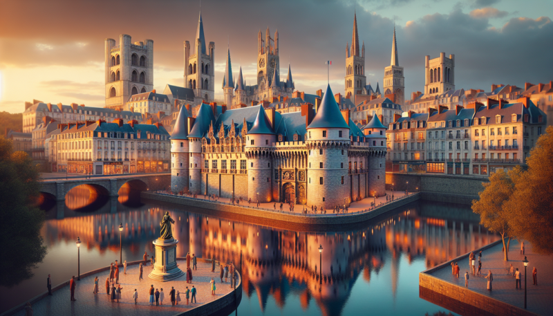 Ville en N - Vue de Nantes au coucher du soleil avec le château des ducs de Bretagne et la cathédrale.