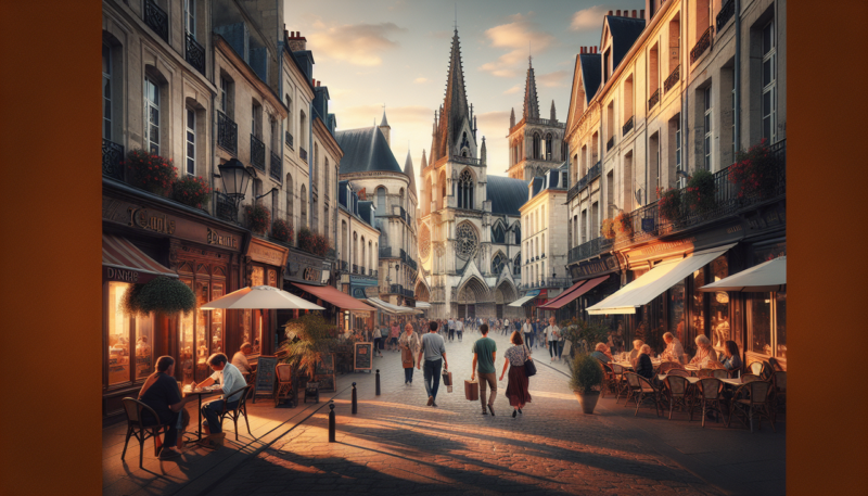 Ville en O - Rue animée à Orléans au coucher du soleil. Scène urbaine avec piétons, bistros et architecture gothique.