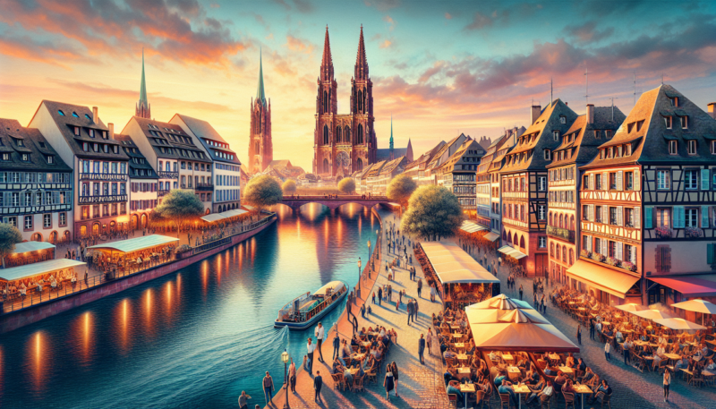 Vue panoramique de Strasbourg, France au coucher du soleil avec la cathédrale Notre-Dame, la rivière Ill, la Place Kléber et La Petite France.