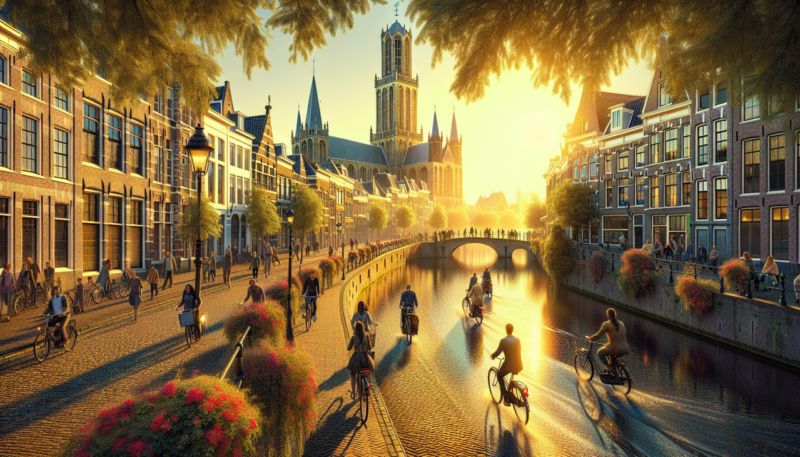 Ville en U : Rue animée de Utrecht, Pays-Bas, tour Dom en arrière-plan, personnes à vélo sous le soleil, ombres et fleurs le long du canal.