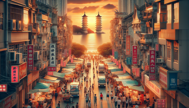 Ville en X, scène urbaine dynamique à Xiamen, Chine : coucher de soleil, vie animée, architecture traditionnelle et reflet du soleil sur l'océan.