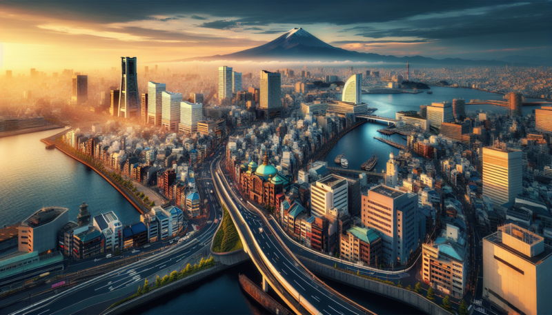 Ville en Y panorama Yokohama, Japon, architecture distinctive, Mont Fuji, ciel bleu, eaux calmes, haute résolution.