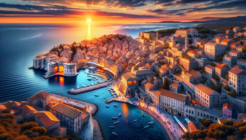 Vue aérienne hyper-réaliste de ville en Z au coucher du soleil, avec reflets dorés sur les ruines romaines et la mer Adriatique, mettant en avant l'architecture historique et moderne.