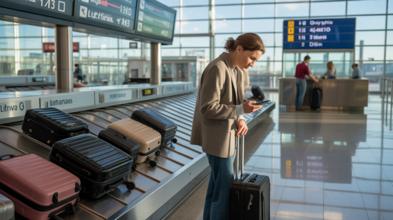 Voyageur inquiet attendant sa valise à la zone de livraison des bagages d’un aéroport moderne, entouré de valises et de panneaux d’affichage réels.