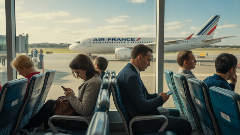 Des passagers attendent dans une zone d’embarquement Air France d’un aéroport européen, regardant par les vitres un avion au sol, avec une lumière naturelle et des couleurs réalistes.