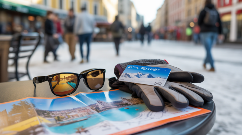 Scène réaliste montrant une table de café avec des objets évoquant un voyage en février entre soleil, ski et city-trip.
