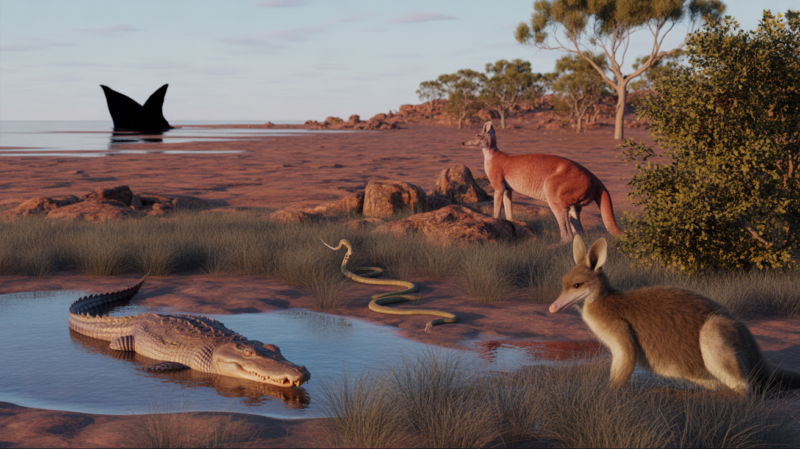 Scène réaliste de la nature sauvage australienne montrant plusieurs animaux dangereux dans leur habitat naturel.
