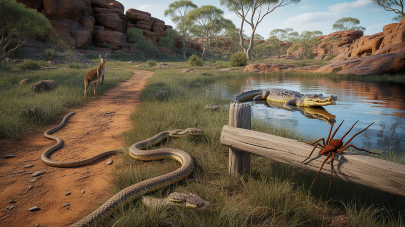 Paysage naturel australien montrant subtilement plusieurs animaux dangereux dans leur environnement, dont un serpent, un crocodile et une araignée, dans une scène réaliste au coucher du soleil.