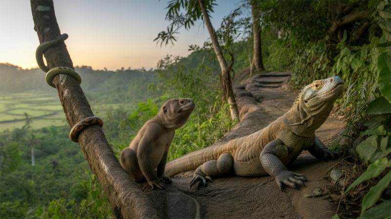 Scène réaliste dans la jungle de Bali montrant un dragon de Komodo, un serpent et un macaque dans un environnement tropical naturel au lever du soleil.