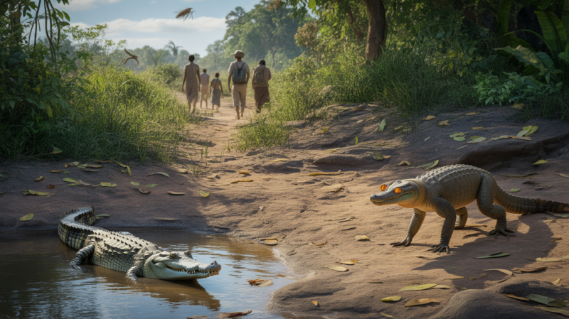 Scène réaliste de la faune dangereuse de Madagascar montrant un crocodile au bord d’une rivière et un fossa dans la végétation, dans un paysage naturel malgache.