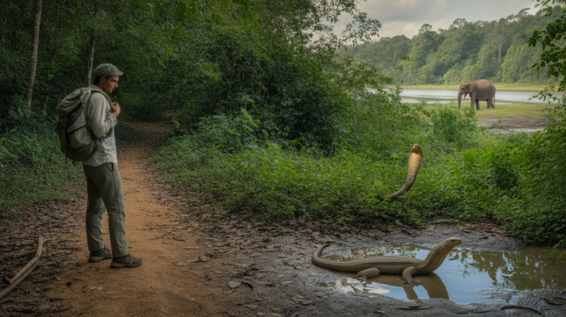 Voyageur observant prudemment la faune potentiellement dangereuse sur un sentier de jungle au Sri Lanka, avec cobra, varan et éléphant en arrière-plan.