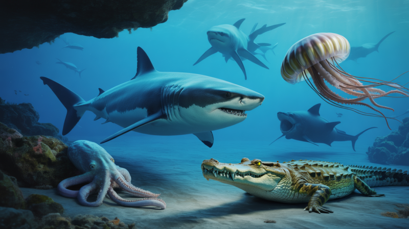 Scène sous‑marine réaliste montrant plusieurs animaux marins dangereux dans leur habitat naturel, dont un grand requin blanc, une méduse-boîte, une pieuvre à anneaux bleus et un crocodile marin près du rivage.