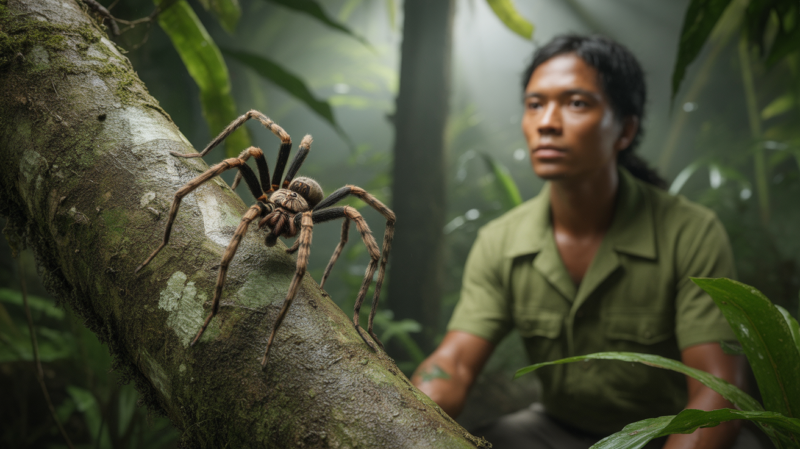 Scène réaliste d’une araignée du Costa Rica dans une forêt tropicale humide avec un garde forestier en arrière-plan.