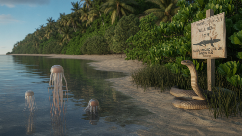 Scène réaliste d’une plage tropicale des Philippines avec un cobra dans la végétation et des méduses-boîtes dans l’eau peu profonde, illustrant la présence d’animaux dangereux.