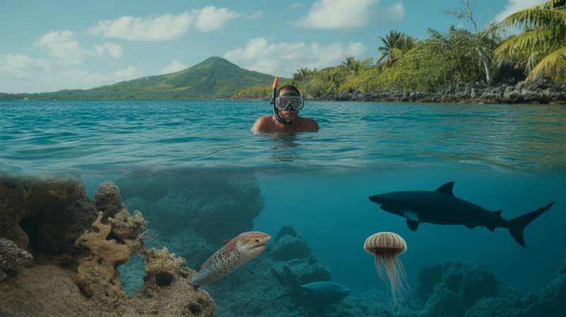 Scène réaliste en Guadeloupe montrant un nageur observant sous l’eau plusieurs animaux marins potentiellement dangereux dans un décor naturel.