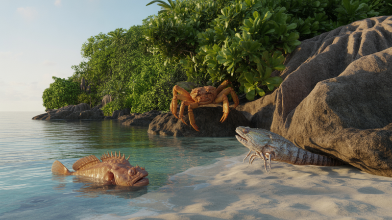 Plage naturelle des Seychelles au coucher du soleil, montrant la beauté paisible du littoral tout en révélant discrètement un poisson‑pierre, un crabe de cocotier et une murène dans leur environnement.