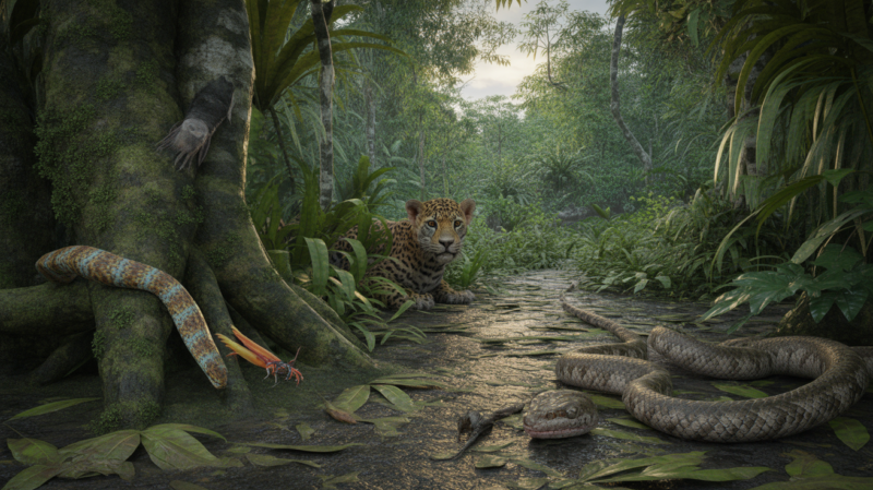 Scène réaliste dans la jungle de Guyane avec un serpent venimeux et un jaguar camouflé dans la végétation dense.