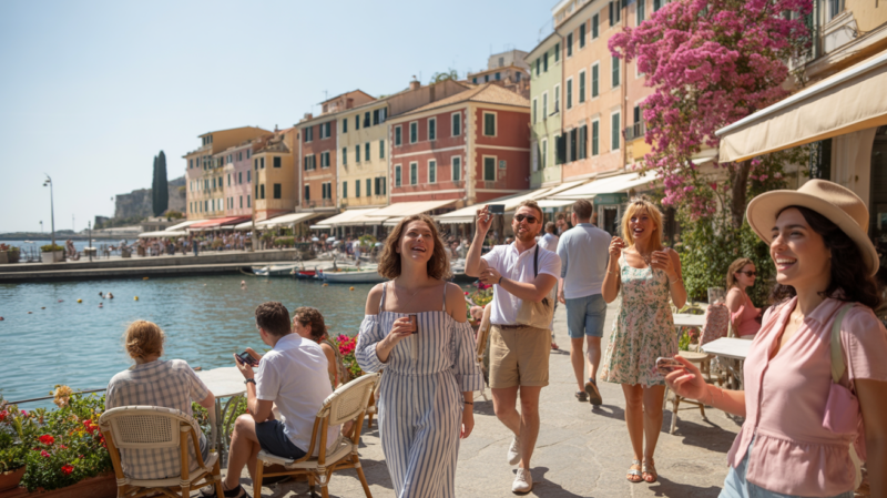 Scène réaliste d’une ville côtière méditerranéenne au printemps, avec eau turquoise, fleurs en pleine floraison et passants naturels dans une atmosphère ensoleillée.