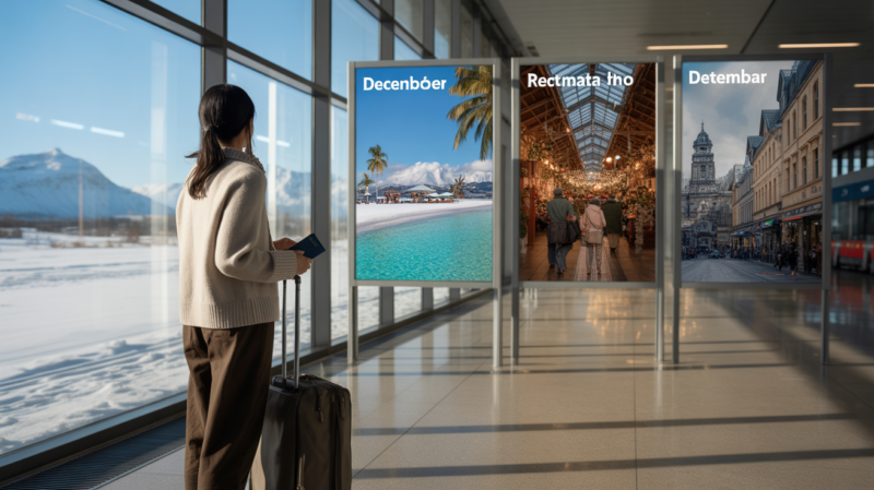 Scène réaliste dans un aéroport en décembre avec un voyageur devant une fenêtre donnant sur un paysage enneigé et des affiches de destinations de vacances.