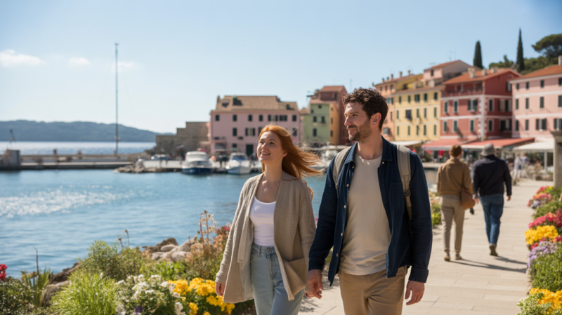 Scène réaliste d’un port méditerranéen au début du printemps, avec un couple marchant le long d’une promenade ensoleillée et des maisons pastel.