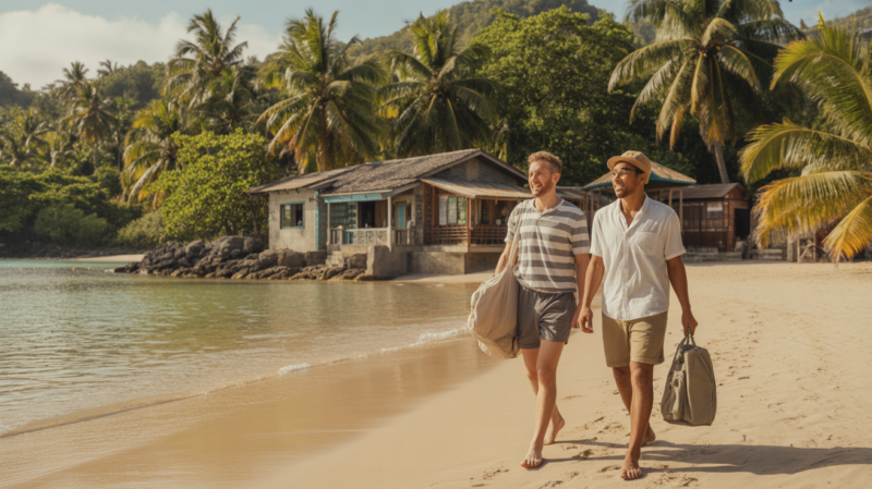 Plage tropicale ensoleillée en janvier avec voyageurs marchant pieds nus près d’une petite guesthouse authentique, évoquant une escapade chaleureuse et abordable.