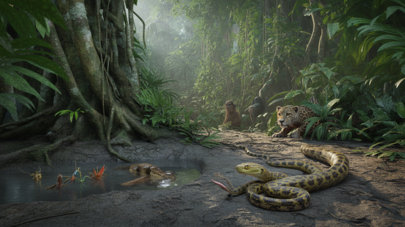 Scène réaliste de la jungle amazonienne montrant un serpent venimeux et un jaguar caché dans une végétation dense et humide.