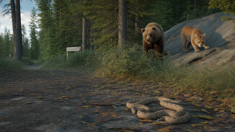 Scène réaliste de nature canadienne montrant un ours grizzly, un cougar et un serpent dans un environnement forestier authentique au lever du jour.