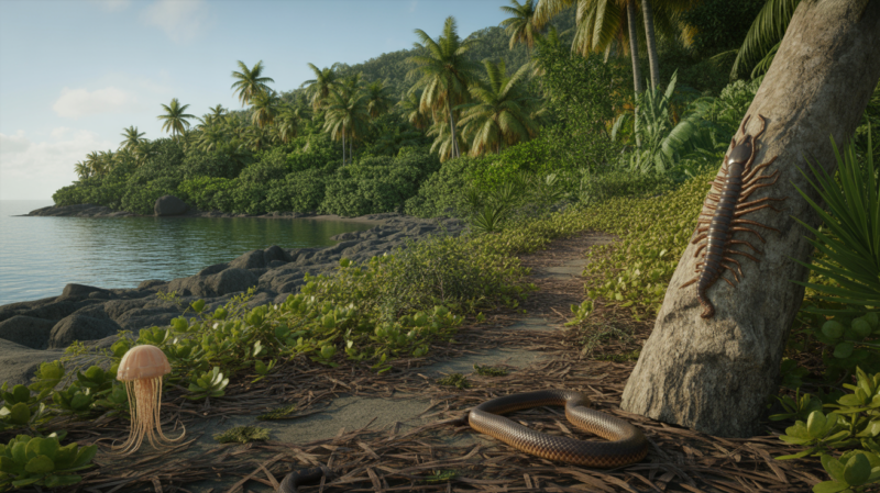 Scène naturelle en Guadeloupe montrant un sentier côtier tropical avec un serpent, un scolopendre et une méduse illustrant les dangers potentiels.