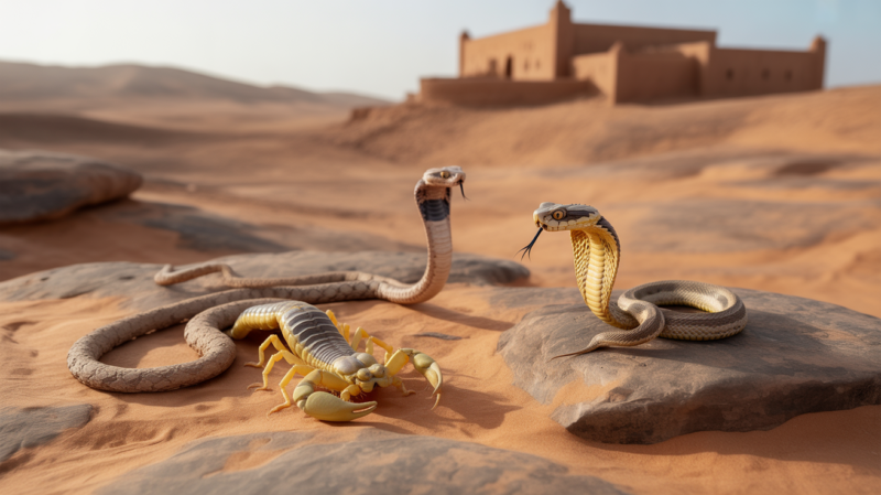 Scorpions et serpents dangereux dans un paysage désertique marocain réaliste au coucher du soleil.