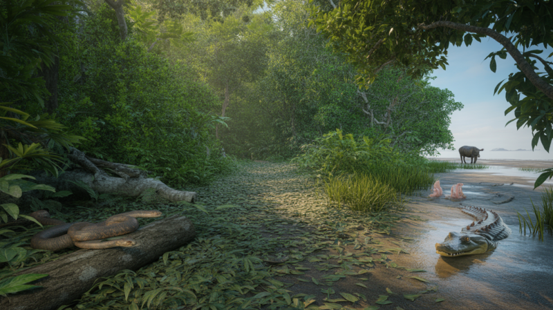 Scène réaliste d’un sentier de jungle au Vietnam au lever du soleil, avec un cobra, un crocodile et une méduse subtilement visibles dans leur environnement naturel.