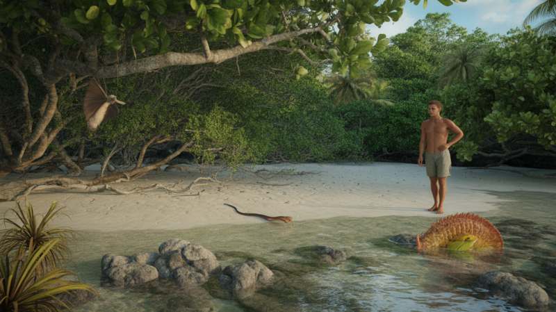 Scène réaliste sur une plage naturelle de l’Île Maurice au coucher du soleil, montrant un voyageur observant à distance une chauve-souris mauricienne, un poisson‑pierre caché dans l’eau peu profonde et un serpent discret parmi les feuilles.