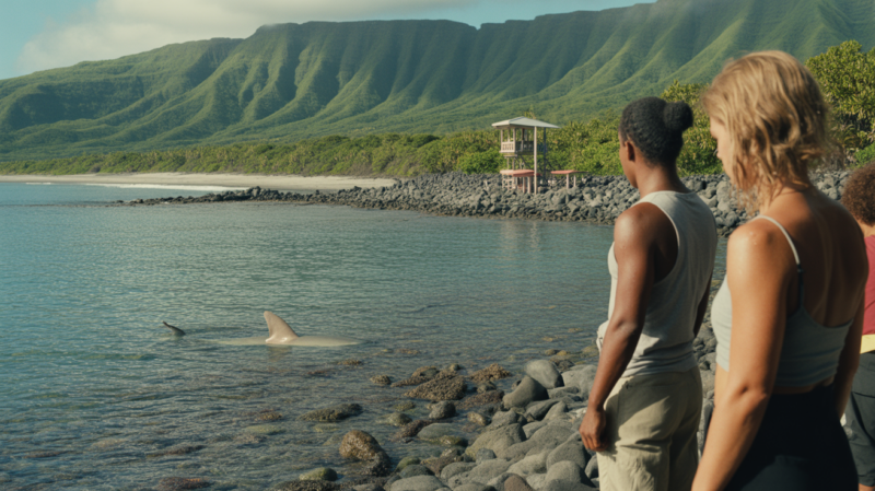 Scène réaliste d’une plage de La Réunion avec un poste de surveillance, des rochers volcaniques, des vacanciers et la silhouette d’un requin sous l’eau.