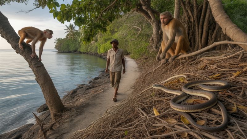Scène réaliste à Zanzibar montrant un sentier côtier tropical avec un serpent discret au sol et des singes dans les arbres.