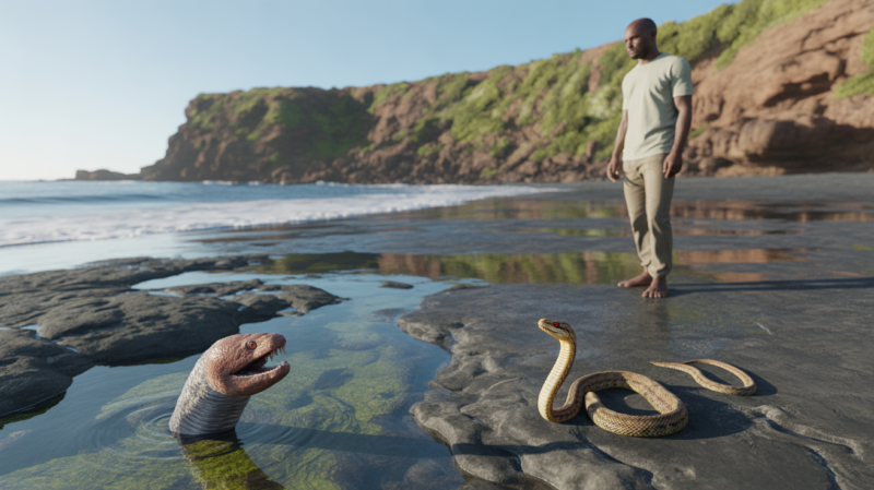 Voyageur observant une murène et un serpent sur une plage sauvage du Cap-Vert au lever du soleil.