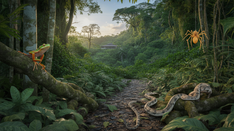 Scène réaliste de jungle au Costa Rica montrant des animaux dangereux dans leur habitat naturel.