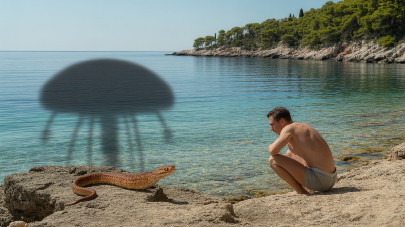 Scène réaliste d’une côte croate montrant un nageur observant une méduse dans l’eau et une vipère cornue sur les rochers.