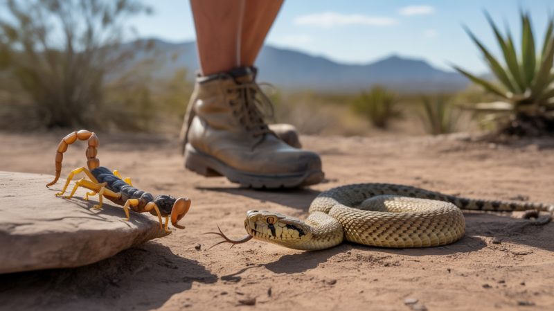 Scène réaliste dans le désert mexicain montrant un serpent à sonnette et un scorpion proches d’un sentier avec un élément humain suggéré.
