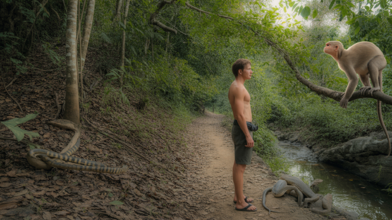 Randonneur observant prudemment un sentier de jungle en Thaïlande avec des animaux sauvages visibles dans leur habitat naturel.