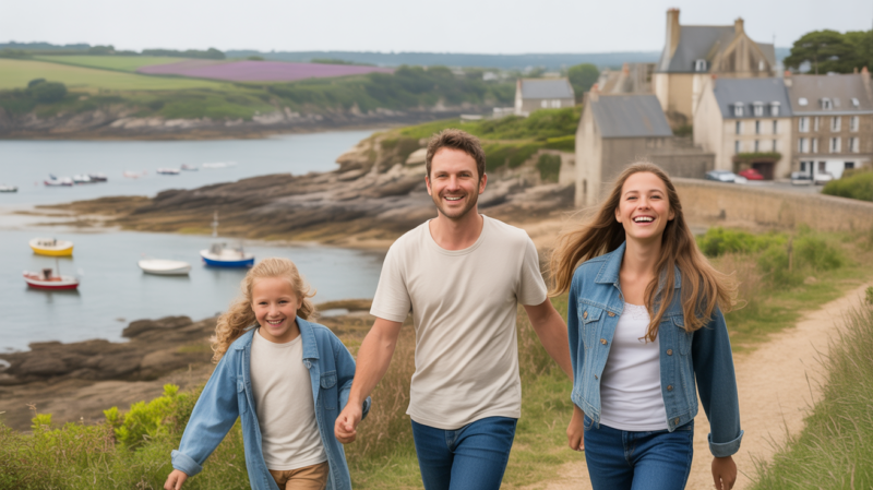 Famille en vacances marchant sur un sentier côtier breton avec un village en pierre, des bateaux colorés et un paysage français authentique.