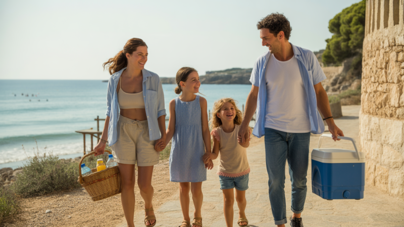 Famille marchant près d’une plage méditerranéenne lors de vacances abordables, dans une scène naturelle et réaliste.