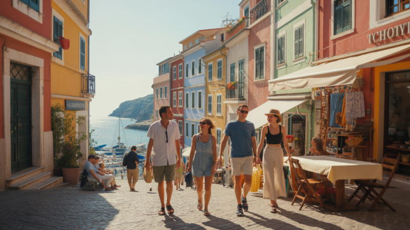 Scène estivale réaliste dans une ville côtière méditerranéenne avec ruelles pavées, bâtiments colorés, cafés et touristes, illustrant l’idée de vacances abordables en Europe.
