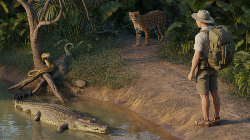 Voyageur observant à distance des animaux dangereux dans un paysage tropical réaliste, incluant crocodile, serpent et jaguar.