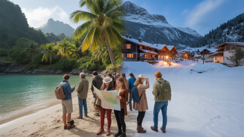 Scène réaliste mêlant une plage tropicale ensoleillée et un village alpin enneigé en janvier avec des voyageurs authentiques.