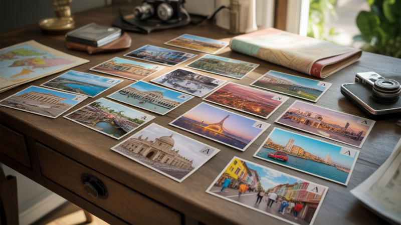 Vue aérienne réaliste d’un bureau de voyage avec des cartes postales de villes commençant par A, posées sur une table en bois avec une lumière naturelle.
