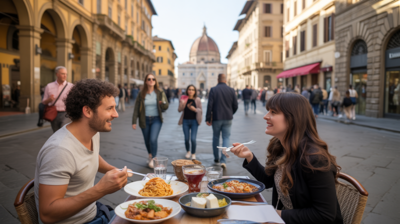 Scène de rue ensoleillée montrant un couple dégustant des spécialités de Bologne et de Florence, avec en arrière‑plan des bâtiments réels emblématiques des deux villes.